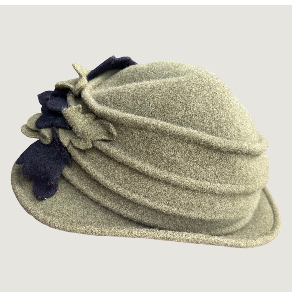 Unbranded Wool Cloche Hat Womens OS Olive Green Floral Tiered Vintage Style